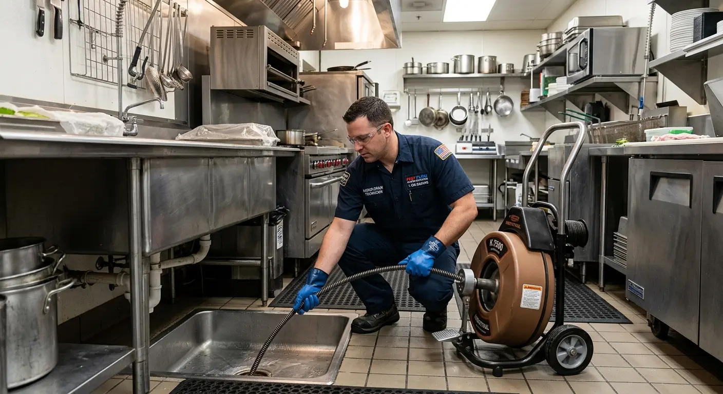 Commercial drain cleaning service in a restaurant kitchen in Salem