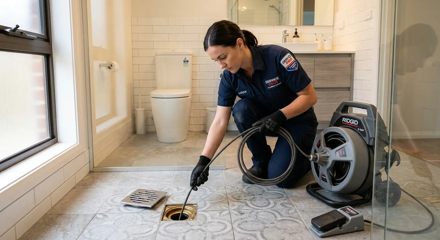 Technician clearing a bathroom floor drain for Drain Cleaning in Salem
